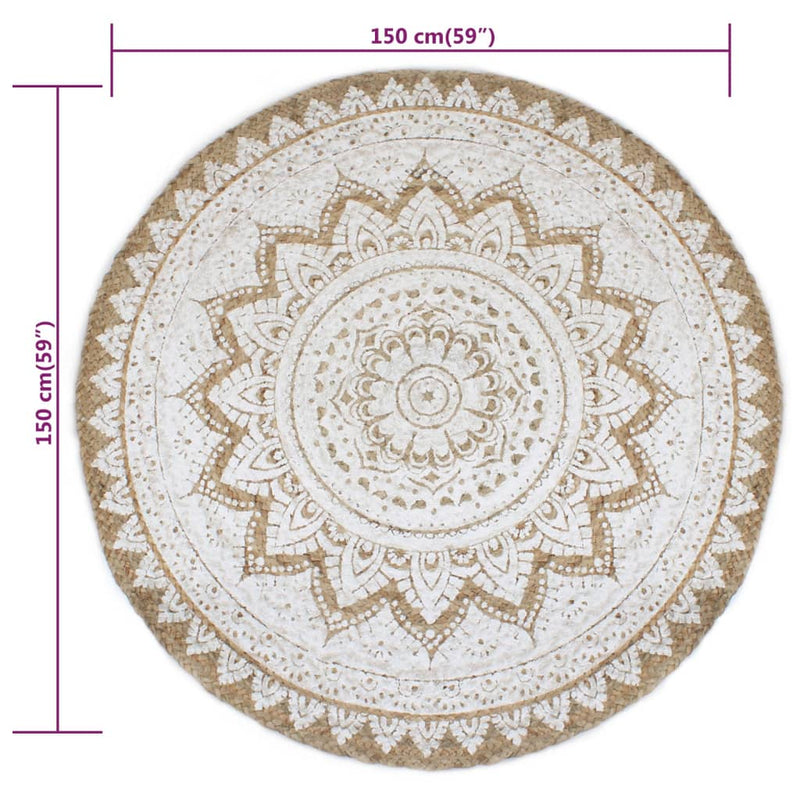 vidaXL Area Rug Braided Jute Printed 150 cm Round