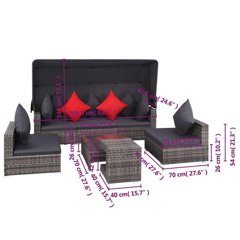 vidaXL 7 Piece Garden Lounge Set with Cushions Poly Rattan Grey