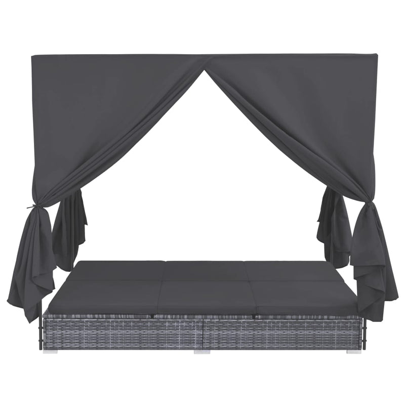 vidaXL Outdoor Lounge Bed with Curtains Poly Rattan Grey