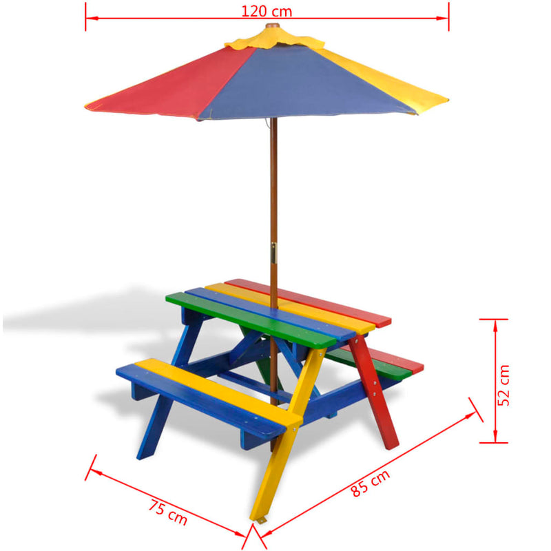 vidaXL Kids' Picnic Table with Benches and Parasol Multicolour Wood