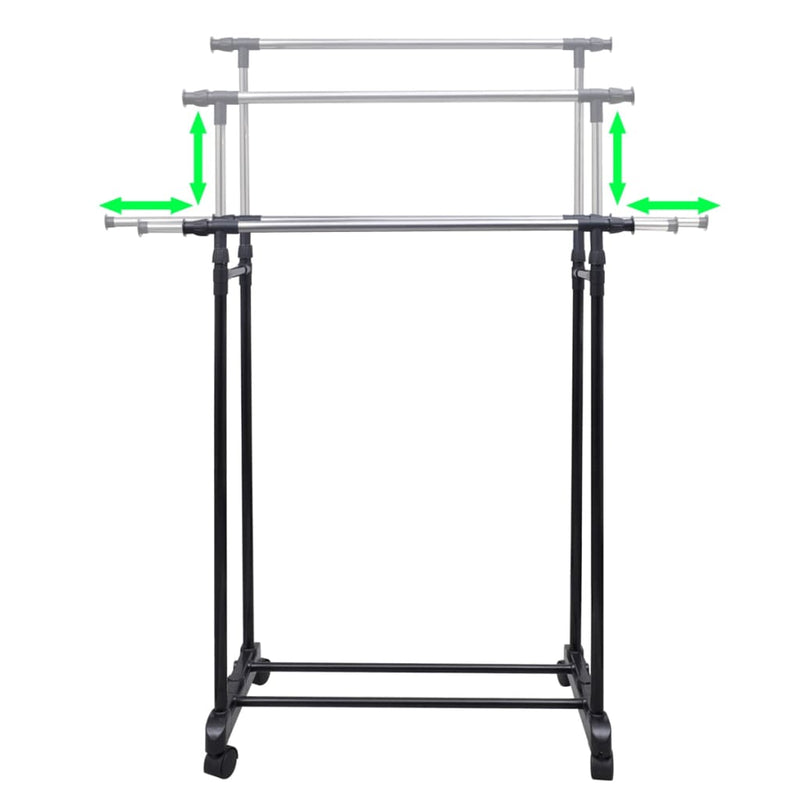 vidaXL Adjustable Clothes Rack 4 Castors 2 Hanging Rails