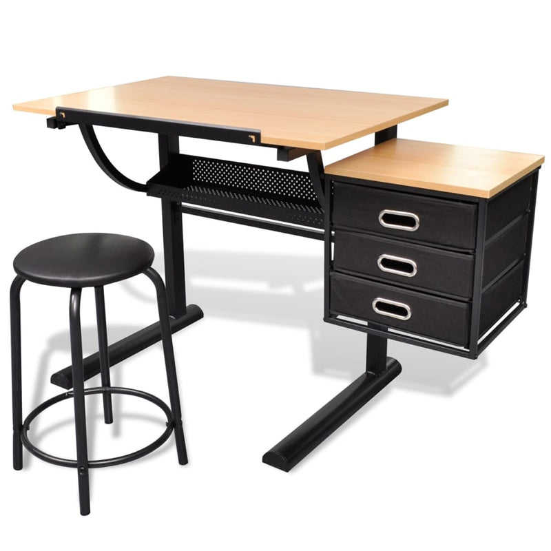 vidaXL Three Drawers Drawing Table with Stool