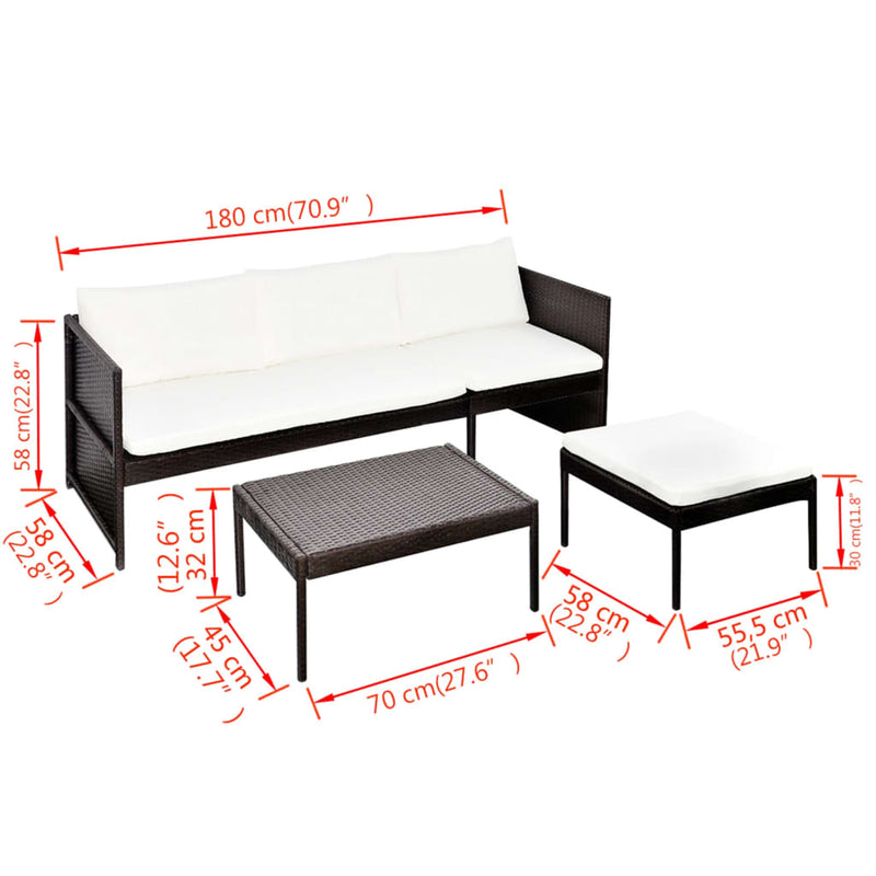 vidaXL 3 Piece Garden Lounge Set with Cushions Poly Rattan Brown