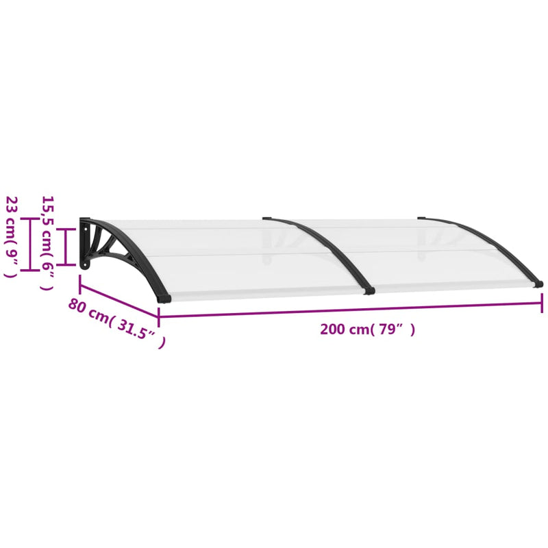 vidaXL Door Canopy Black and Transparent 200x75 cm PC