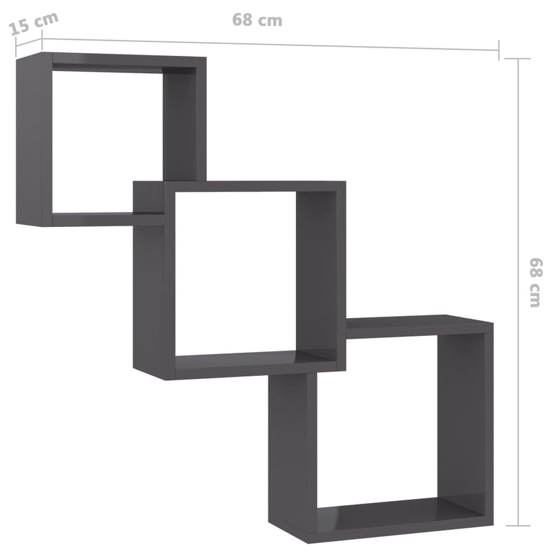 vidaXL Cube Wall Shelves High Gloss Grey 68x15x68 cm Engineered Wood