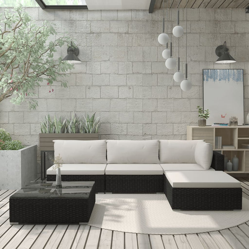 vidaXL 5 Piece Garden Lounge Set with Cushions Poly Rattan Black
