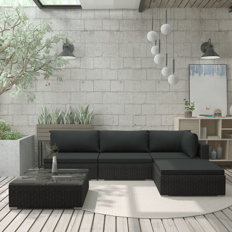 vidaXL 5 Piece Garden Lounge Set with Cushions Poly Rattan Black