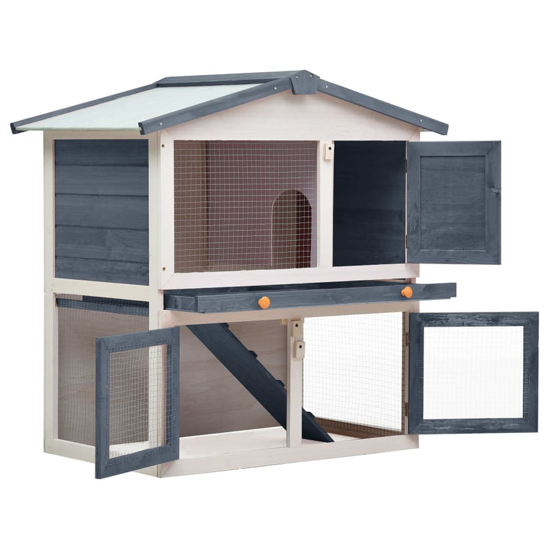 vidaXL Outdoor Rabbit Hutch 3 Doors Grey Wood