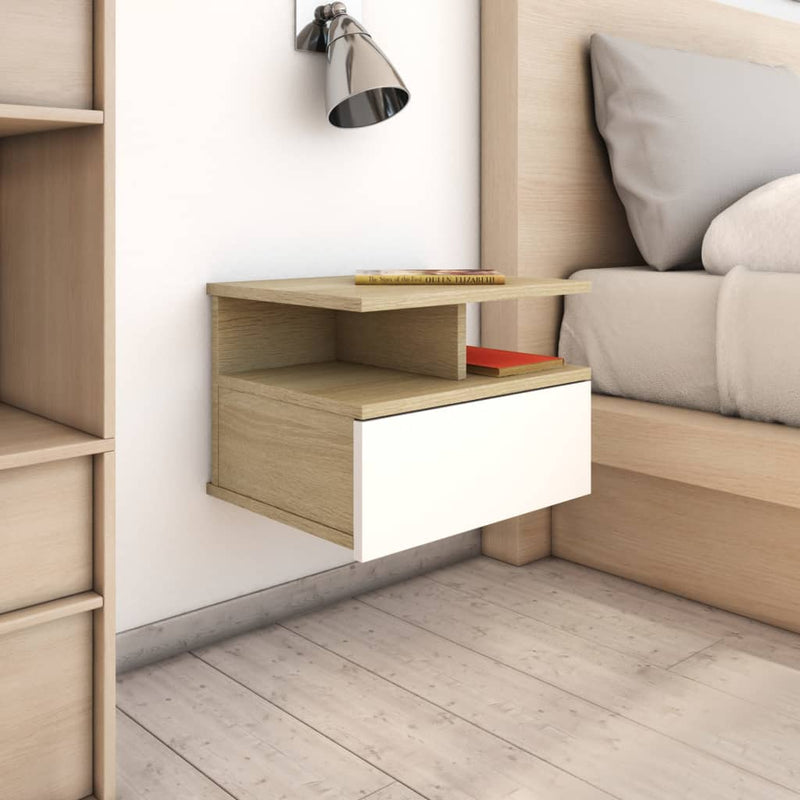 vidaXL Floating Nightstands 2 pcs White and Sonoma Oak 40x31x27 cm Engineered Wood