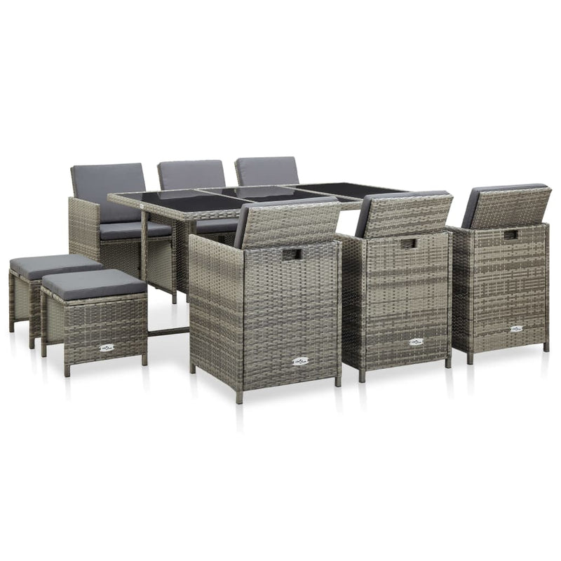 vidaXL 11 Piece Outdoor Dining Set with Cushions Poly Rattan Grey