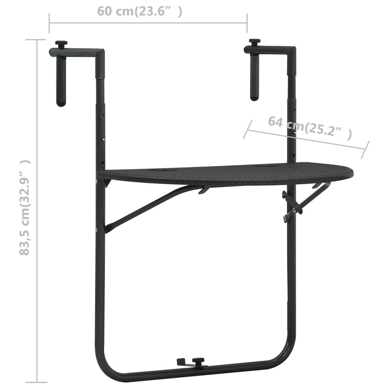 vidaXL Hanging Balcony Table Brown 60x64x83.5 cm Plastic Rattan Look