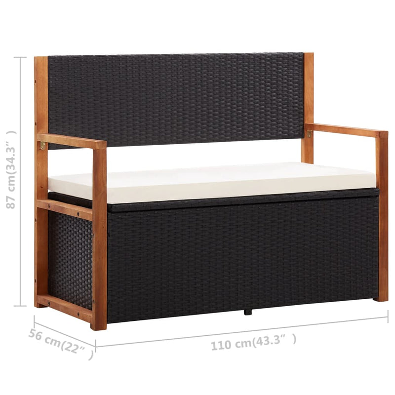 vidaXL Storage Bench 115 cm Poly Rattan and Solid Acacia Wood Black