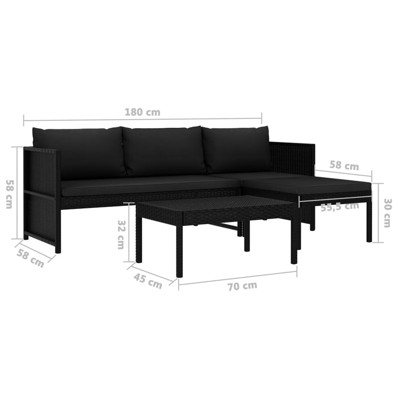 vidaXL 3 Piece Garden Lounge Set with Cushions Poly Rattan Black