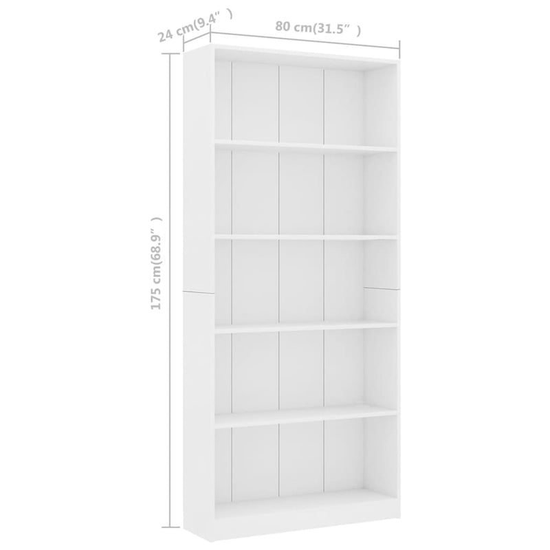 vidaXL 5-Tier Book Cabinet White 80x24x175 cm Engineered Wood