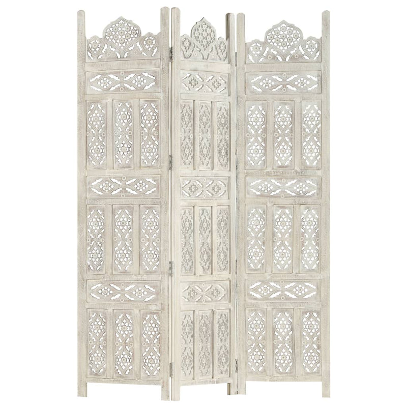 vidaXL Hand carved 3-Panel Room Divider White 120x165 cm Solid Mango Wood
