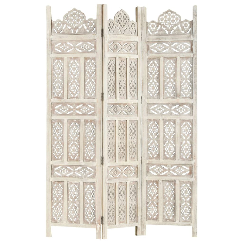 vidaXL Hand carved 3-Panel Room Divider White 120x165 cm Solid Mango Wood