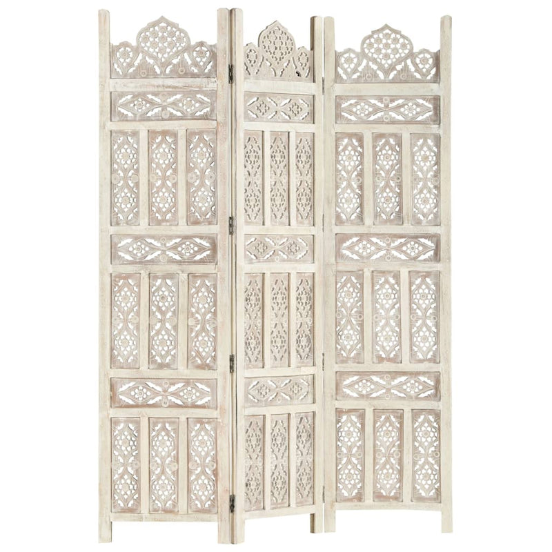 vidaXL Hand carved 3-Panel Room Divider White 120x165 cm Solid Mango Wood