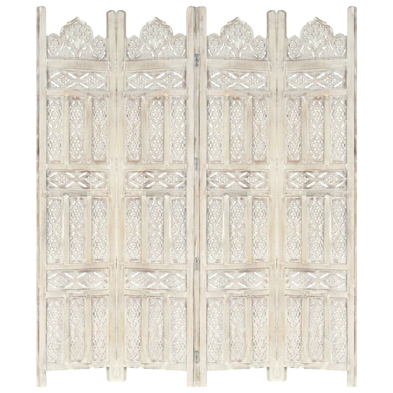 vidaXL Hand carved 4-Panel Room Divider White 160x165 cm Solid Mango Wood