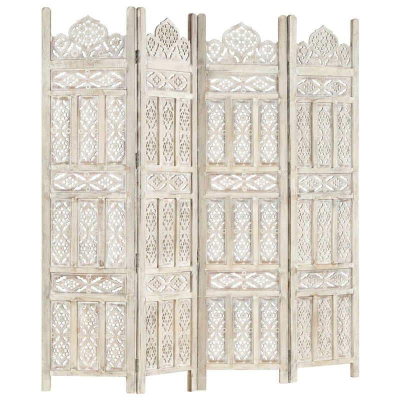 vidaXL Hand carved 4-Panel Room Divider White 160x165 cm Solid Mango Wood