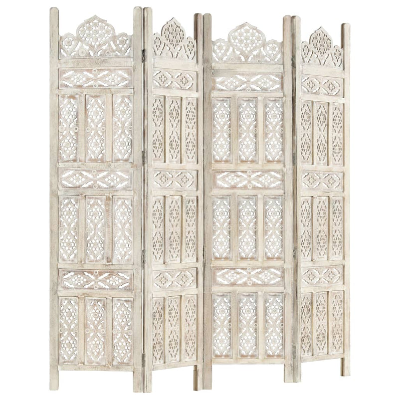 vidaXL Hand carved 4-Panel Room Divider White 160x165 cm Solid Mango Wood