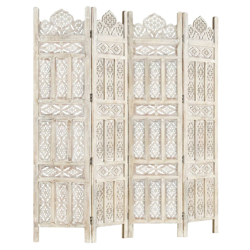 vidaXL Hand carved 4-Panel Room Divider White 160x165 cm Solid Mango Wood