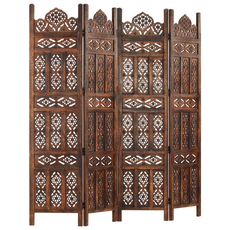 vidaXL Hand carved 4-Panel Room Divider Brown 160x165 cm Solid Mango Wood