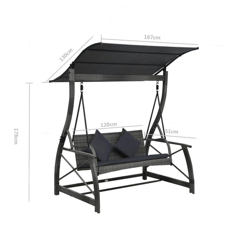 vidaXL 3-seater Garden Swing Bench with Canopy Poly Rattan Grey