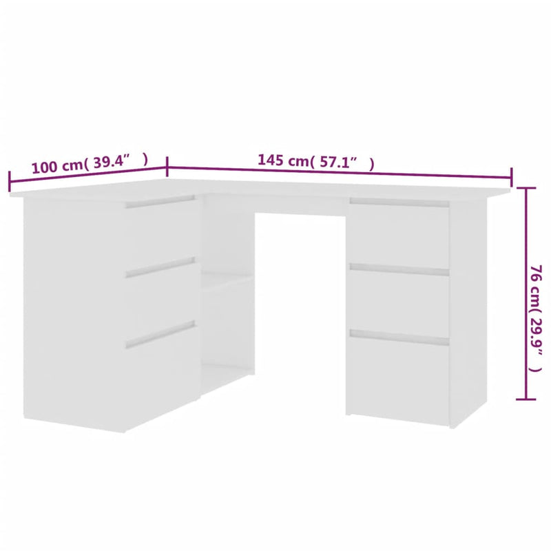 vidaXL Corner Desk White 145x100x76 cm Engineered Wood