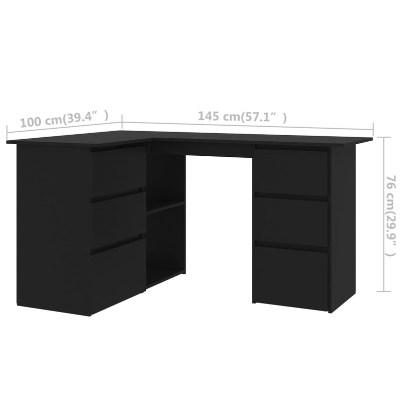 vidaXL Corner Desk Black 145x100x76 cm Engineered Wood