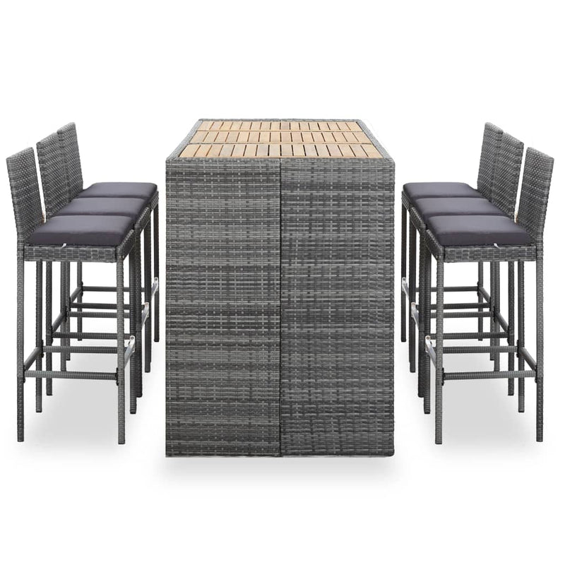 vidaXL 7 Piece Outdoor Bar Set with Cushions Poly Rattan Grey