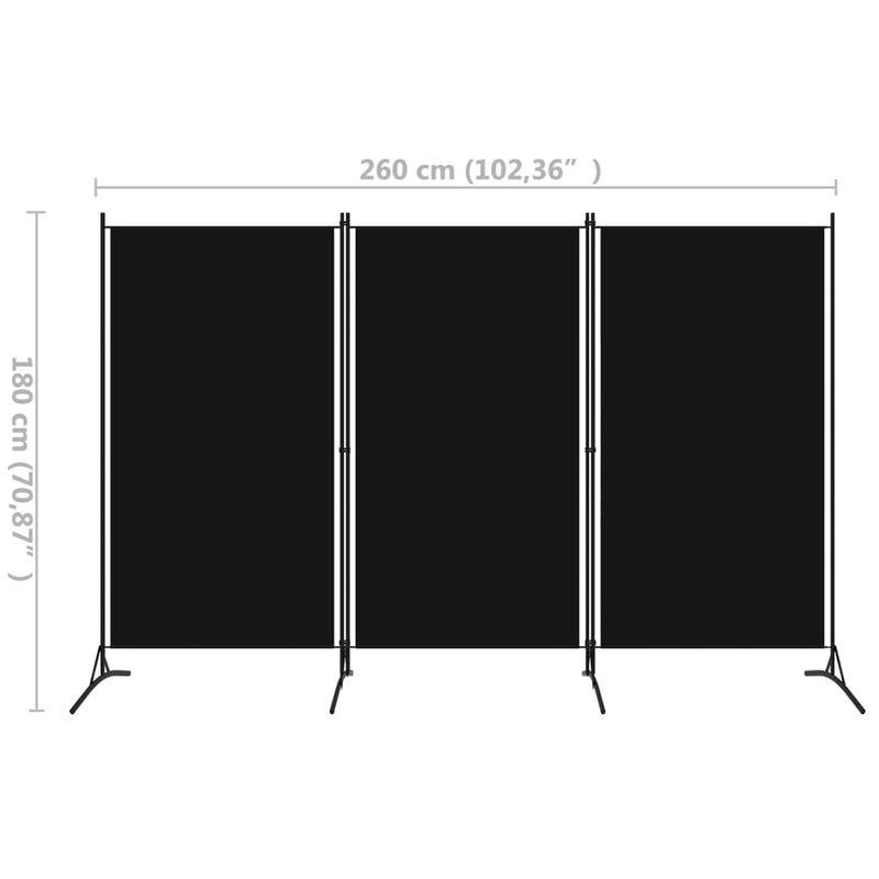 vidaXL 3-Panel Room Divider Black 260x180 cm Fabric