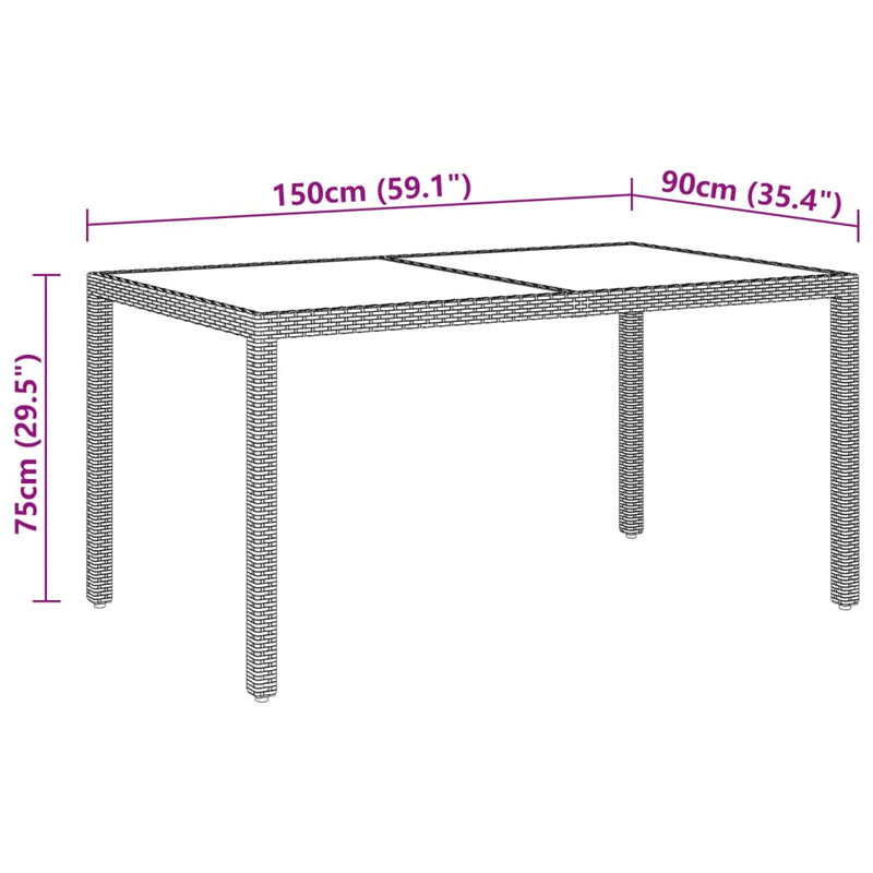 vidaXL Garden Table 150x90x75 cm Tempered Glass and Poly Rattan Brown