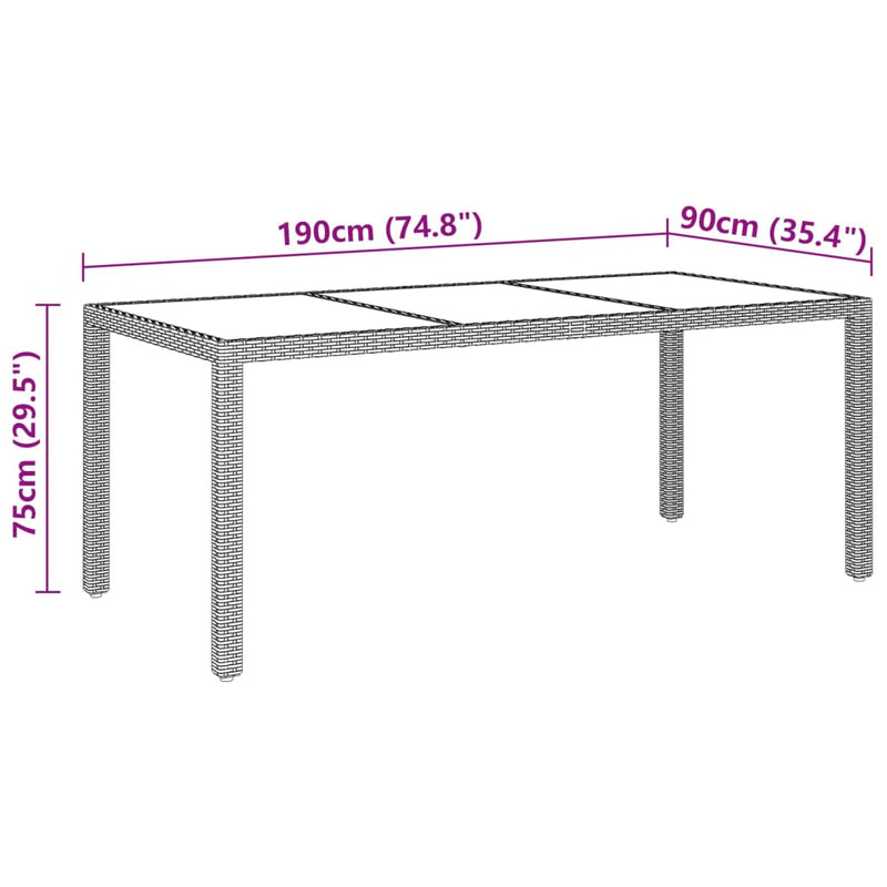 vidaXL Garden Table 190x90x75 cm Tempered Glass and Poly Rattan Brown