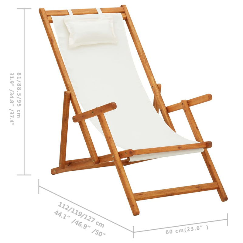 vidaXL Folding Beach Chair Solid Eucalyptus Wood and Fabric Cream