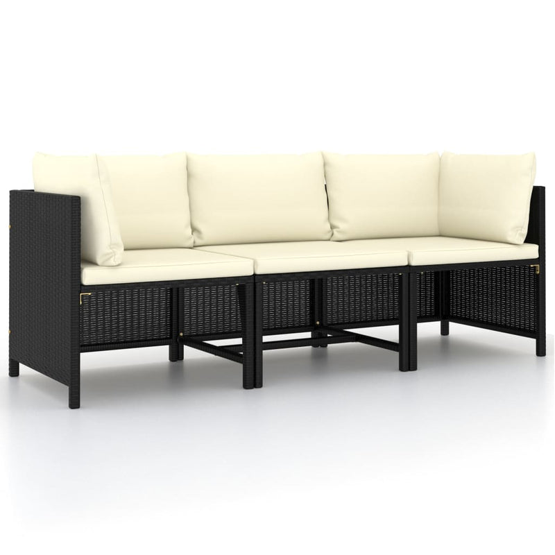 vidaXL 3-Seater Garden Sofa with Cushions Black Poly Rattan