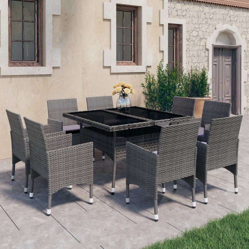 vidaXL 9 Piece Garden Dining Set Poly Rattan and Glass Grey