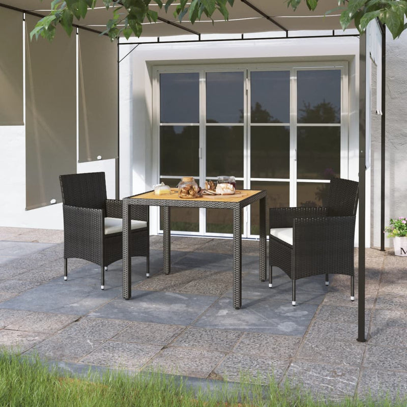 vidaXL 3 Piece Garden Dining Set Poly Rattan & Solid Acacia Wood Black