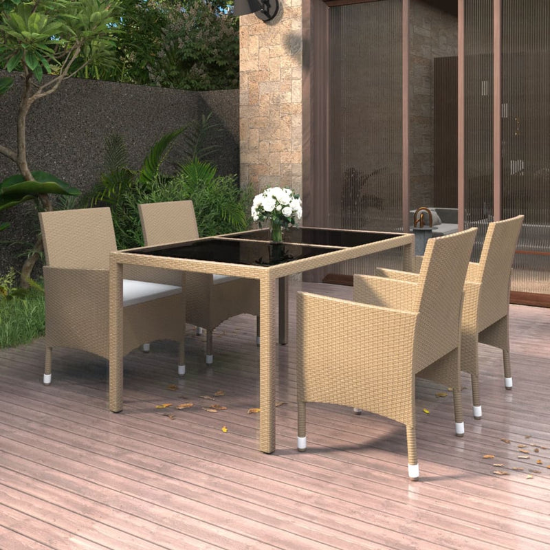vidaXL 5 Piece Garden Dining Set Poly Rattan and Tempered Glass Beige
