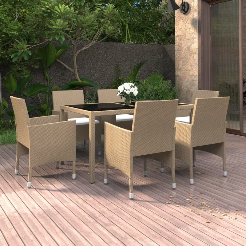 vidaXL 7 Piece Garden Dining Set Poly Rattan and Tempered Glass Beige