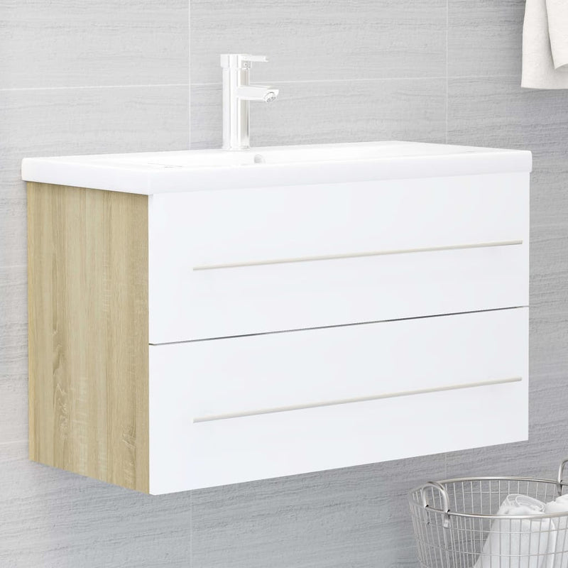 vidaXL 2 Piece Bathroom Furniture Set White and Sonoma Oak Engineered Wood
