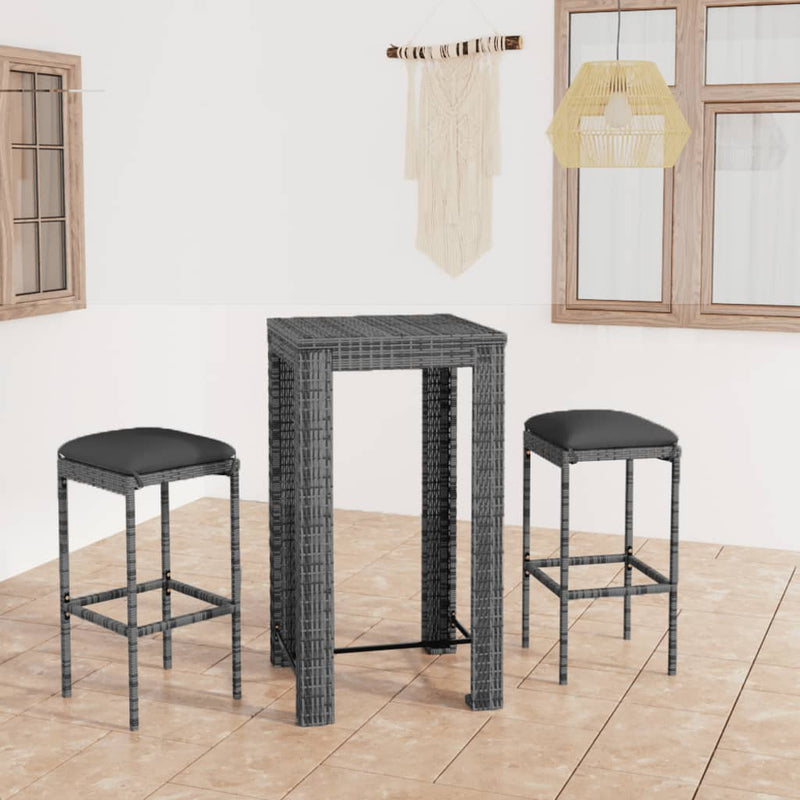 vidaXL 3 Piece Garden Bar Set with Cushions Poly Rattan Grey