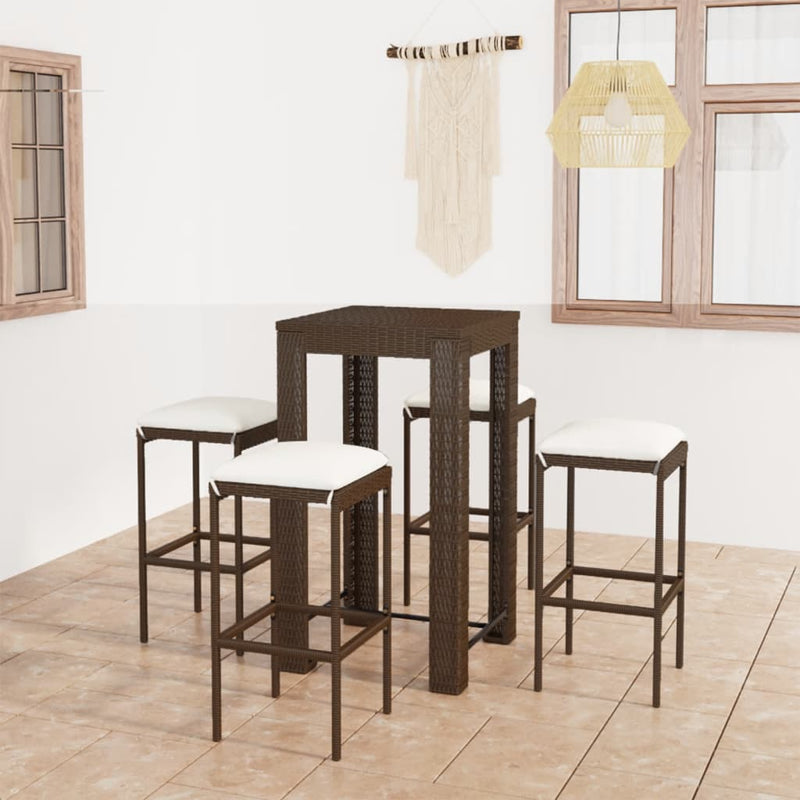 vidaXL 5 Piece Garden Bar Set with Cushions Poly Rattan Brown