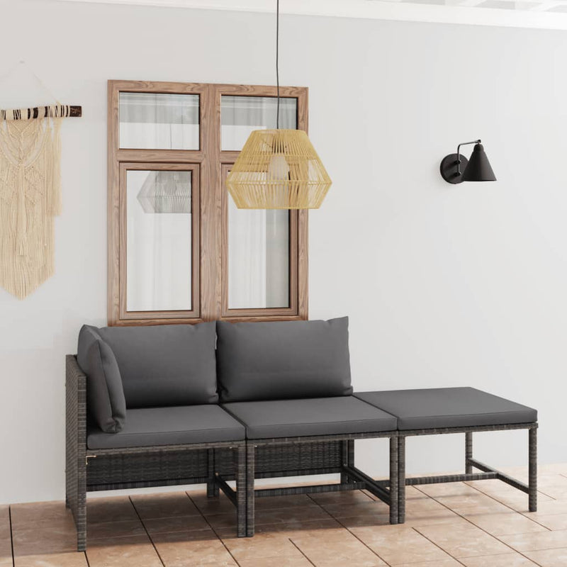 vidaXL 3 Piece Garden Lounge Set with Cushions Poly Rattan Grey