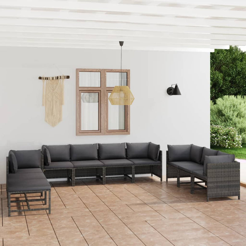 10 Piece Garden Lounge Set with Cushions Poly Rattan Grey
