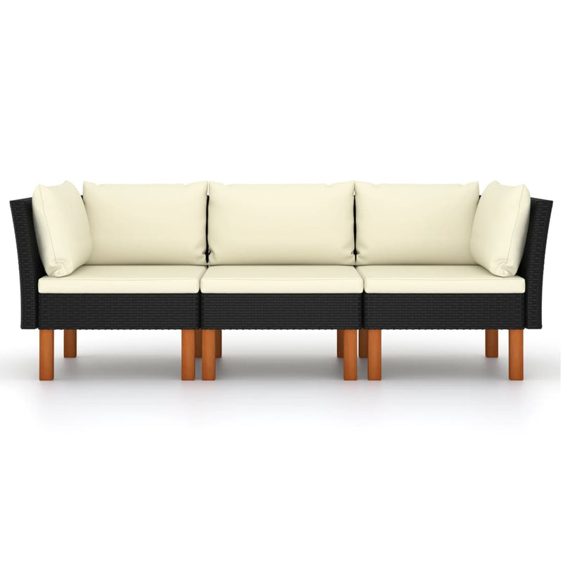 vidaXL 3-Seater Garden Sofa with Cushions Black Poly Rattan