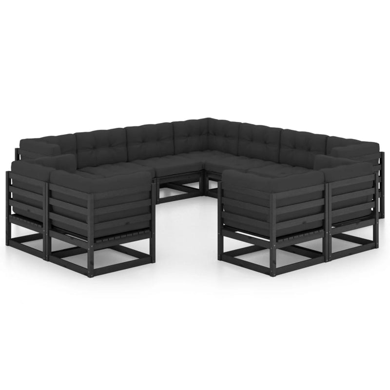vidaXL 11 Piece Garden Lounge Set with Cushions Black Solid Pinewood