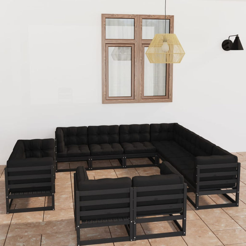 vidaXL 11 Piece Garden Lounge Set with Cushions Black Solid Pinewood