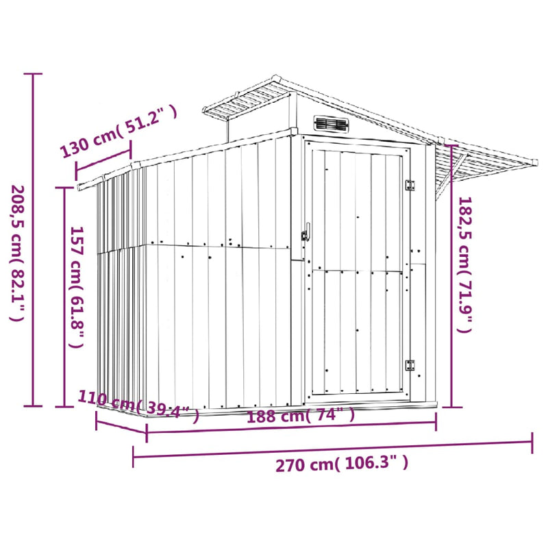 vidaXL Garden Shed Green 270x130x208.5 cm Galvanised Steel