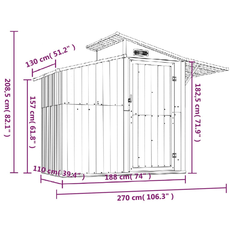 vidaXL Garden Shed Grey 270x130x208.5 cm Galvanised Steel