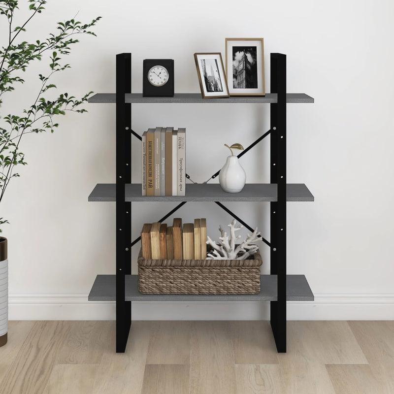 vidaXL 3-Tier Book Cabinet Grey 80x30x105 cm Solid Pine Wood